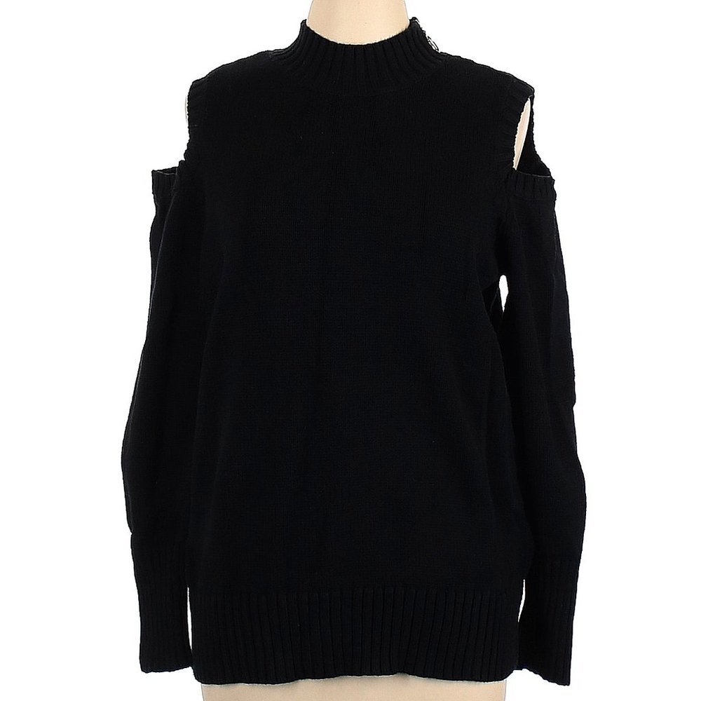 SUSAN GRAVER Black Gold-Zip Cold Shoulder Cotton Blend Pullover Sweater Size L